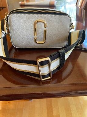 Marc Jacobs Metallic Silver Camera Crossbody with Striped Webbing Strap